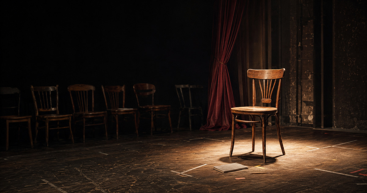 One wooden chair in a theatre spotlight while other chairs wait in the shadows.