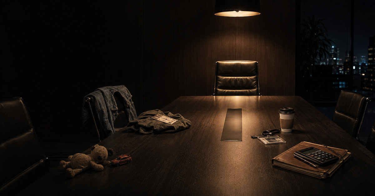 An after-hours boardroom where objects from childhood, adolescence, work, and investing remain at the table.