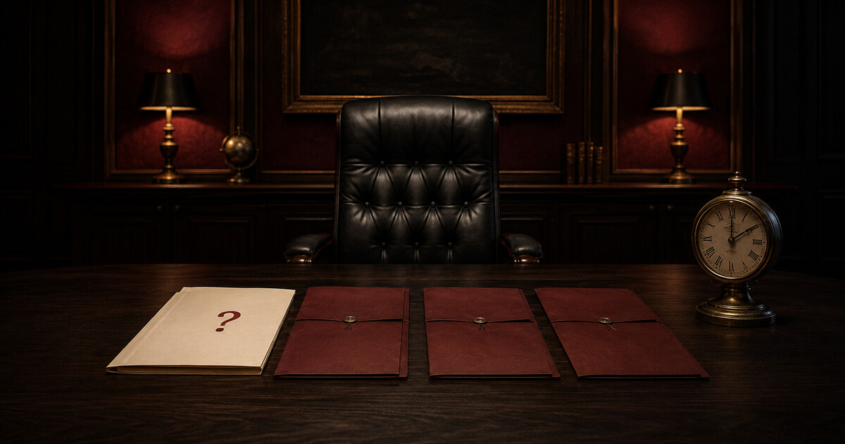 An empty executive chair faces an unresolved dossier, three sealed options, and a brass clock.